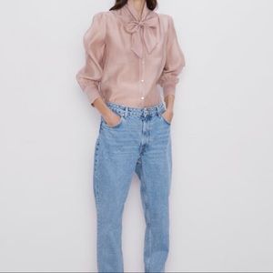 ZARA ORGANZA BLOUSE WITH TIE beige-pink 0/8741/228/942/04 size Large